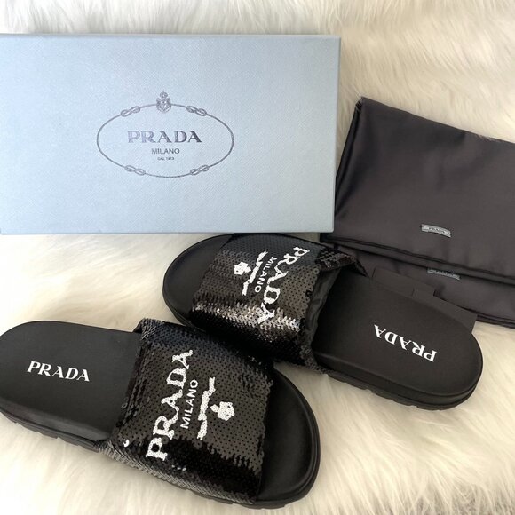 Prada Black Sequin White Logo Slide Sandal - Picture 11 of 12